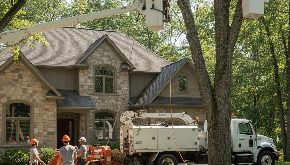 Tree service crew removing a large tree in Ogden, UT for safe property clearing