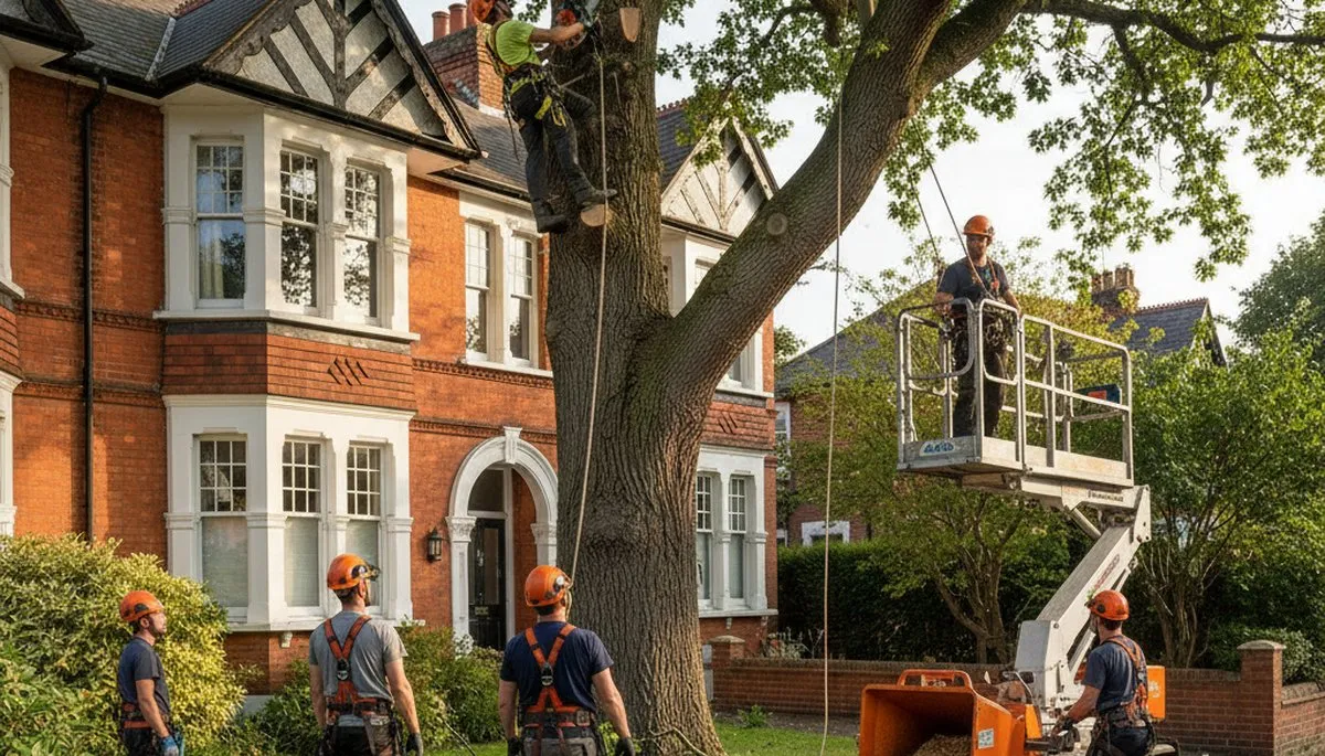 Tree service crew removing a tree in Ogden, UT for safe property clearance